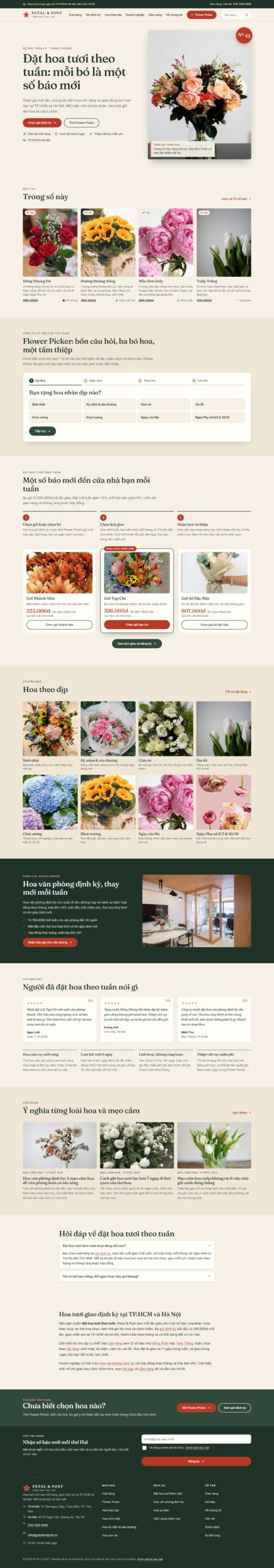 Mẫu website tiệm hoa tươi đặt hoa theo tuần Petal & Post