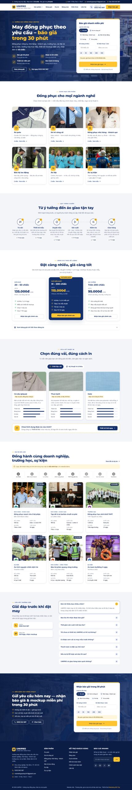Mẫu website xưởng may đồng phục UNIPRO